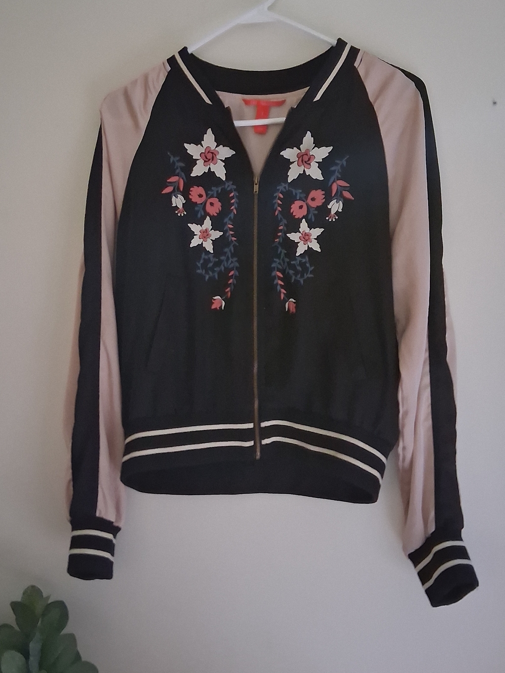Chelsea & Violet Black Bomber Jacket with Blush Sleeves and Floral Embroidery